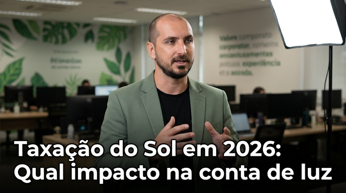 Homem de meia-idade, careca com barba curta preta, pele clara, expressão confiante e boca aberta como se estivesse falando, veste paletó verde-esmeralda sobre camisa preta, sem gravata, gesticulando com as duas mãos abertas à frente do peito, pose dinâmica de palestrante. Fundo de escritório moderno com parede verde coberta por folhas grandes de monstera e plantas tropicais, mesas com vários monitores de computador ligados mostrando gráficos, ambiente corporativo iluminado. Luz suave de softbox branco grande posicionado à direita, criando brilho suave no rosto e ombro direito, iluminação de estúdio profissional com sombras suaves. Sobreposição de texto em branco com borda preta na parte inferior: "Taxação do Sol em 2026:" em fonte grande bold, abaixo "Qual impacto na conta de luz" em fonte menor. Composição em close-up do busto do homem centralizado, perspectiva ligeiramente de baixo para cima, proporção 16:9, estilo fotorealista de thumbnail de vídeo do YouTube, alta resolução, cores vibrantes com verde predominante, mood informativo e profissional --ar 16:9 --v 6 --q 2 --style raW